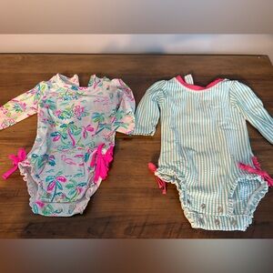 Ruffle Butts Tropical and Striped One Pieces - Pink and Teal